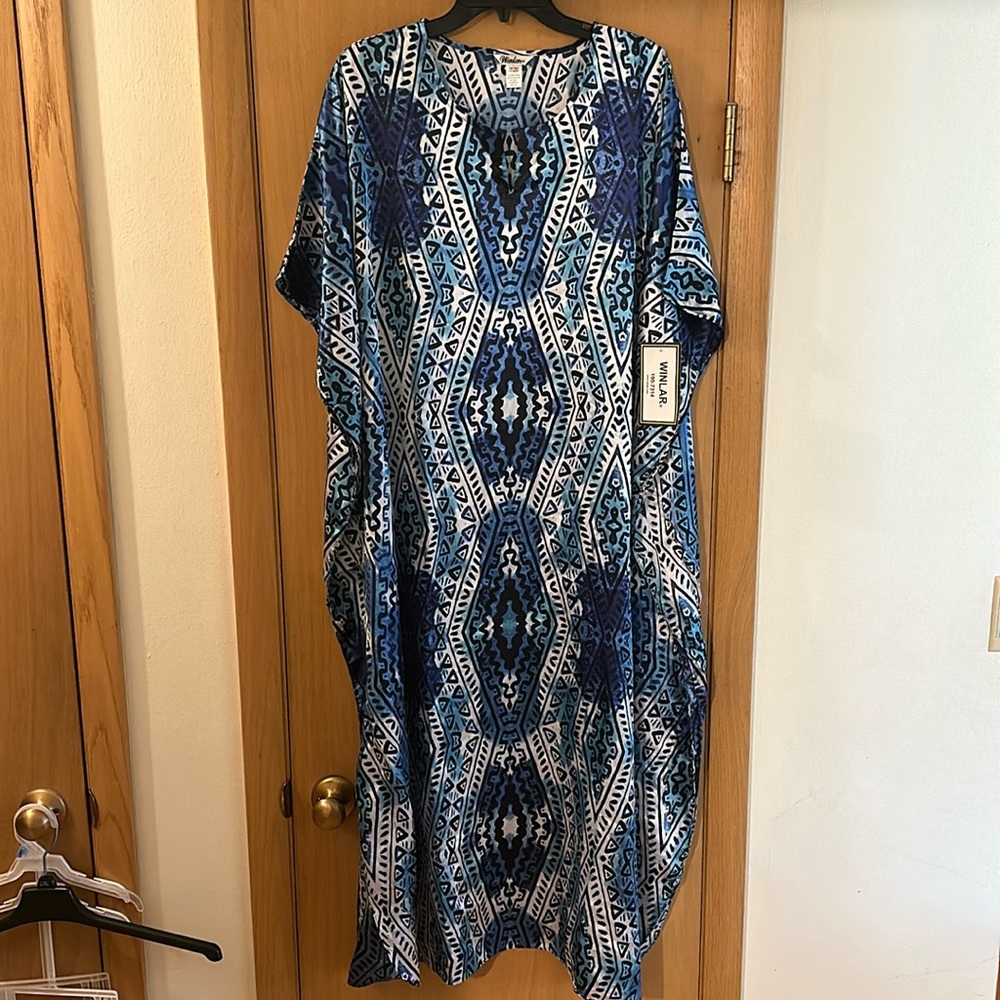 Winlar Women’s Aztec Printed New MuMu Maxi House Dress Blue White One Size